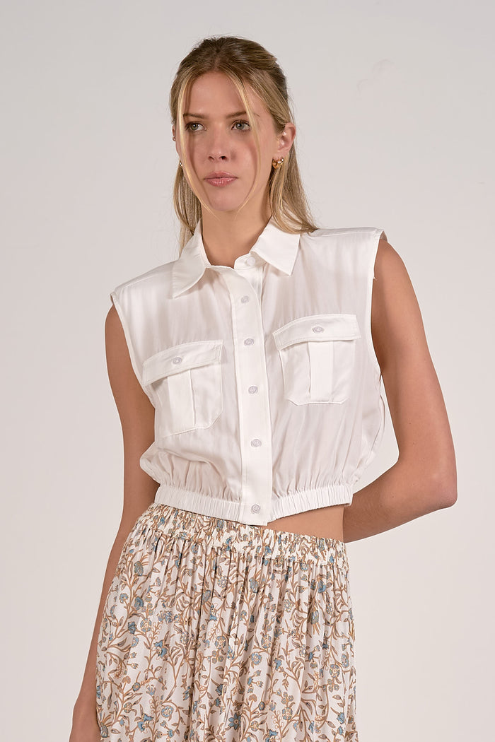 ELAN: SLEEVELESS COLLARED CROP TOP - WHITE