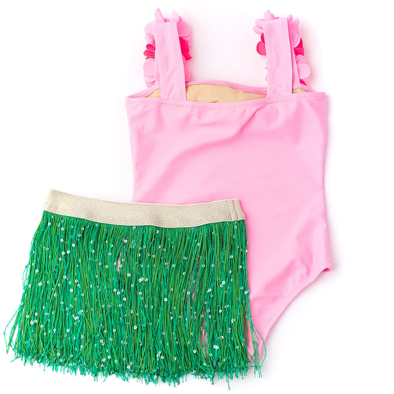 SHADE CRITTERS: HULA GIRL LEI ONE PIECE & FRINGE SKIRT - LIGHT PINK