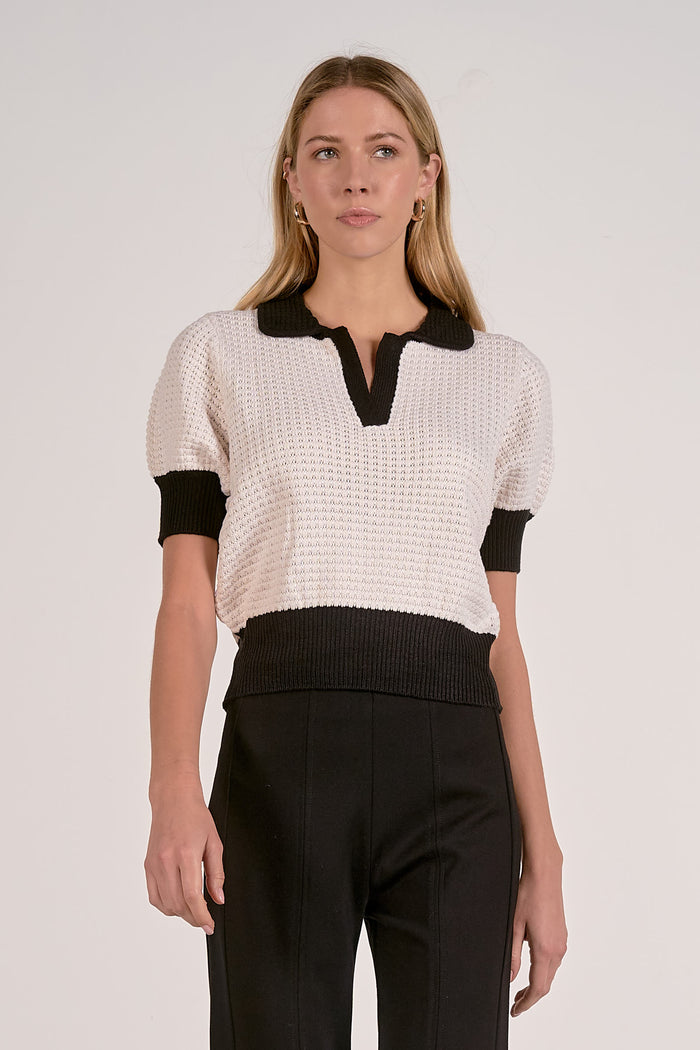 ELAN: 3/4 SLEEVE COLLARED SWEATER TOP - OFF WHITE/BLACK