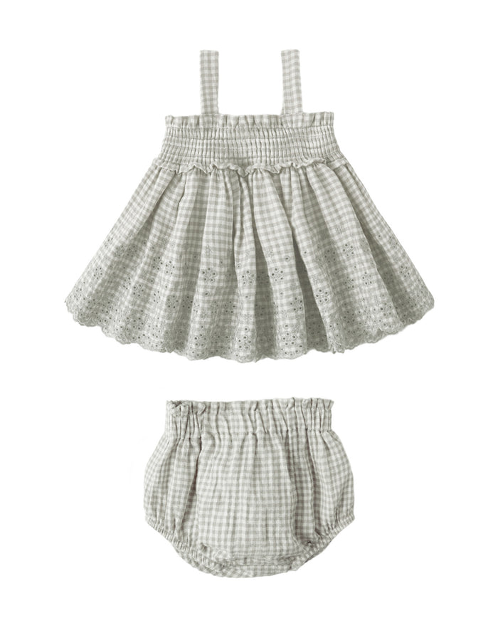 QUINCY MAE: MAE SMOCKED TOP + BLOOMER SET || SAGE GINGHAM
