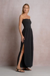 ELAN: SMOCKED STRAPLESS SIDE SLIT JUMPSUIT - BLACK