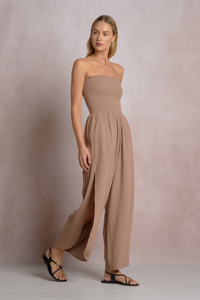 ELAN: SMOCKED STRAPLESS SIDE SLIT JUMPSUIT - TAUPE
