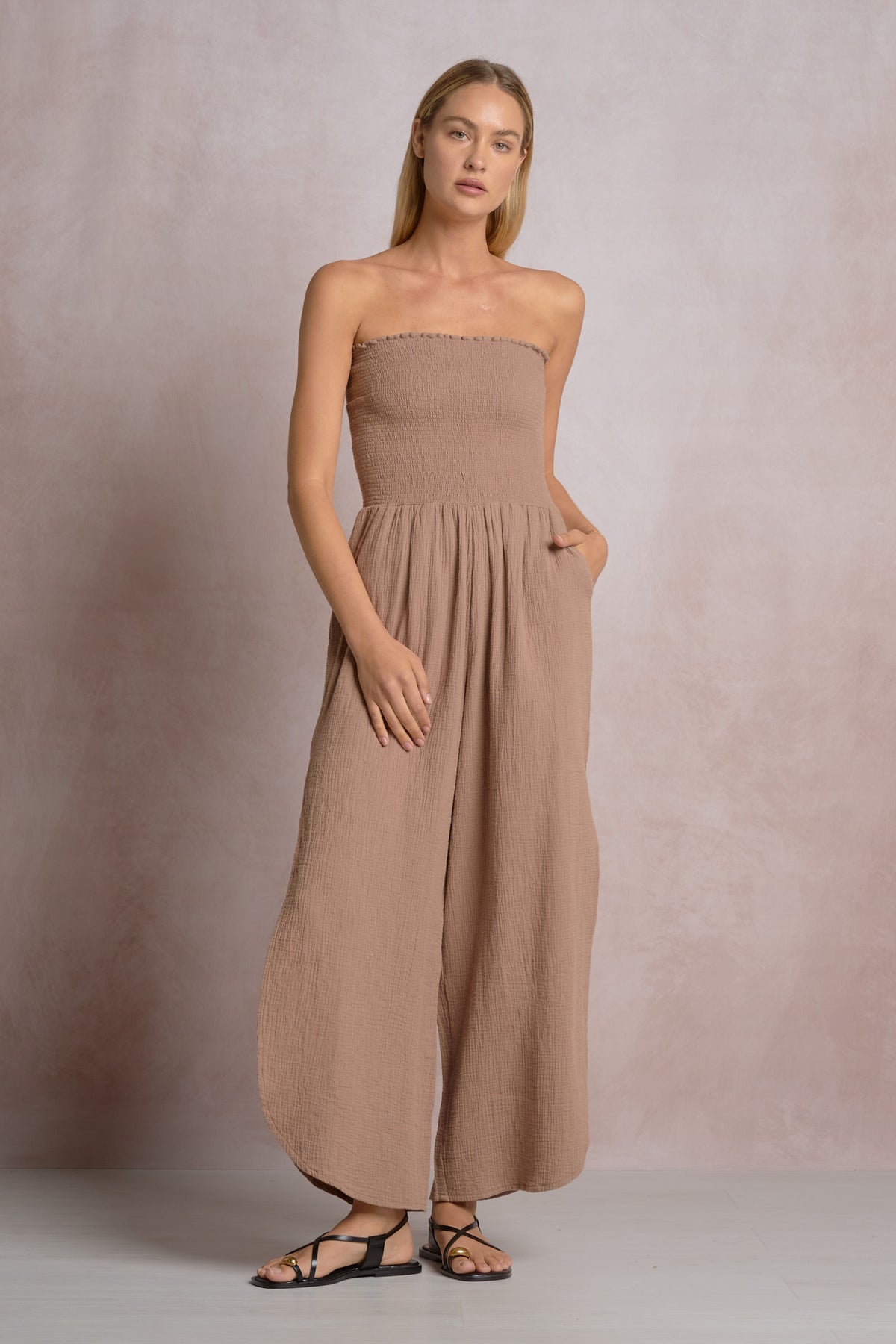 ELAN: SMOCKED STRAPLESS SIDE SLIT JUMPSUIT - TAUPE
