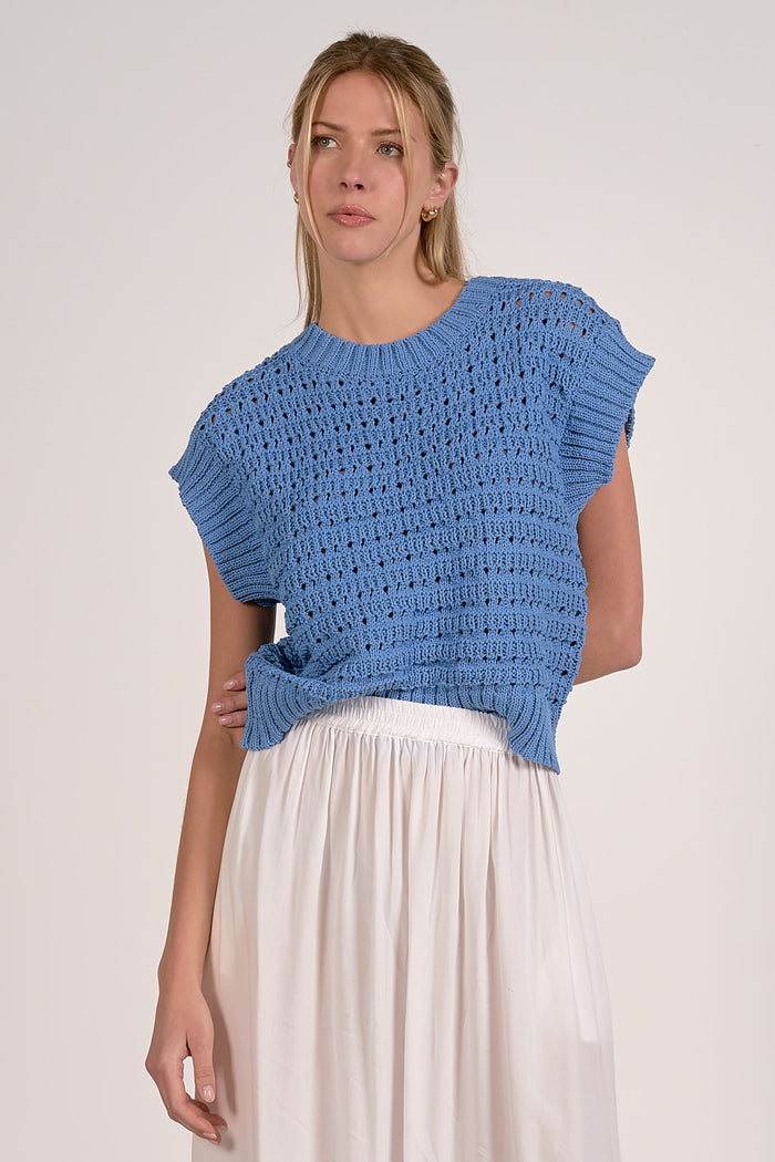 ELAN: OPEN KNIT SHORT SLEEVE SWEATER - BLUE