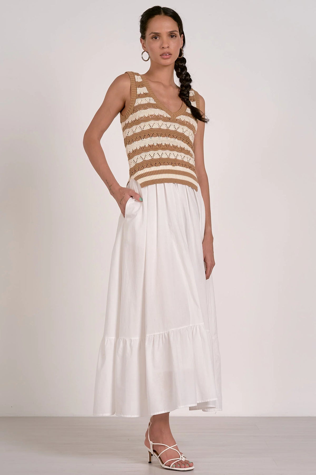 ELAN: CROCHET TANK TIERED MIDI DRESS - WHITE/TAN STRIPE