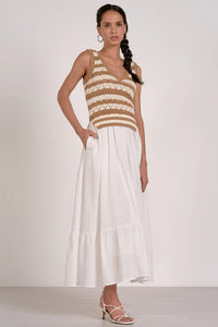 ELAN: CROCHET TANK TIERED MIDI DRESS - WHITE/TAN STRIPE