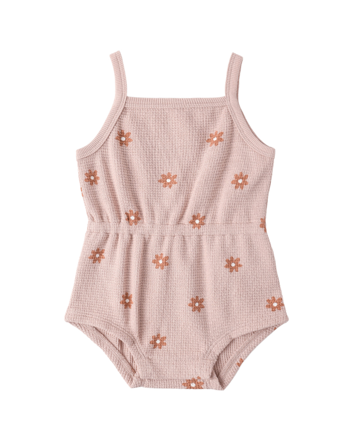 QUINCY MAE: WAFFLE CINCH ROMPER - PINK DAISY