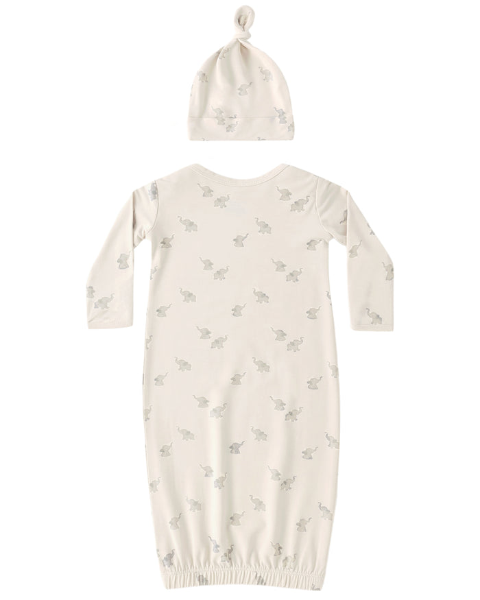 QUINCY MAE: BAMBOO BABY GOWN + HAT SET - ELEPHANTS/NATURAL