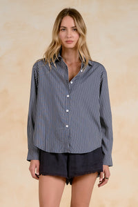 ELAN: OPEN BACK COLLARED LONG SLEEVE TOP - BLUE STRIPE
