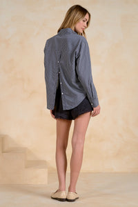 ELAN: OPEN BACK COLLARED LONG SLEEVE TOP - BLUE STRIPE