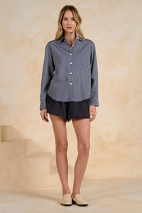 ELAN: OPEN BACK COLLARED LONG SLEEVE TOP - BLUE STRIPE