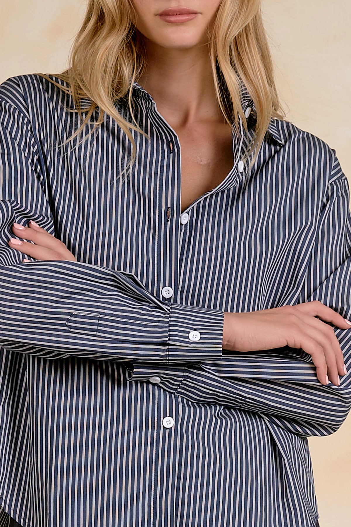 ELAN: OPEN BACK COLLARED LONG SLEEVE TOP - BLUE STRIPE