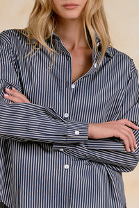 ELAN: OPEN BACK COLLARED LONG SLEEVE TOP - BLUE STRIPE