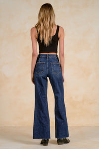 ELAN: HI RISE WIDE LEG RAW HEM JEANS - DARK DENIM