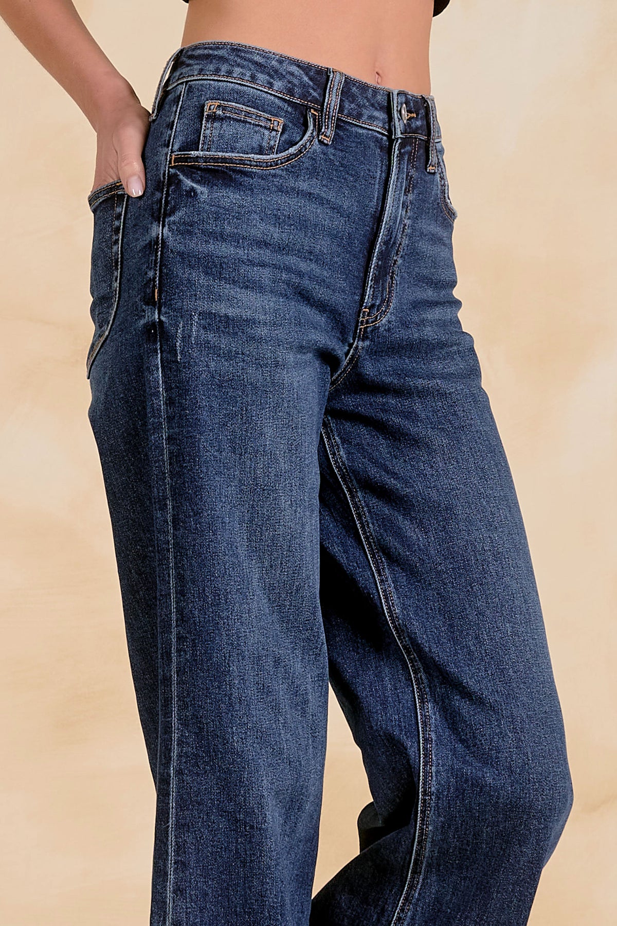 ELAN: HI RISE WIDE LEG RAW HEM JEANS - DARK DENIM
