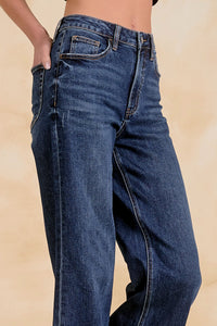 ELAN: HI RISE WIDE LEG RAW HEM JEANS - DARK DENIM