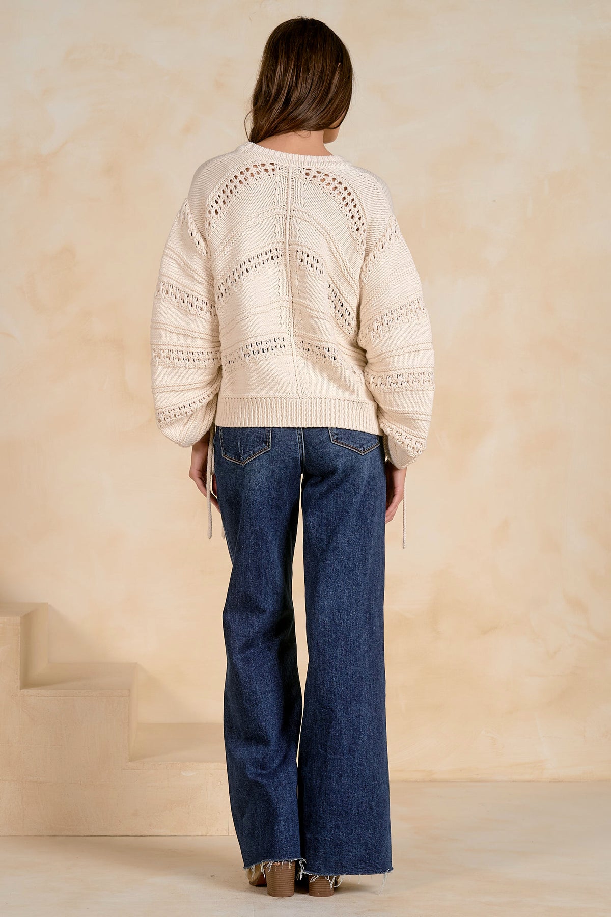 ELAN: OPEN KNIT TIE SWEATER - OFF WHITE
