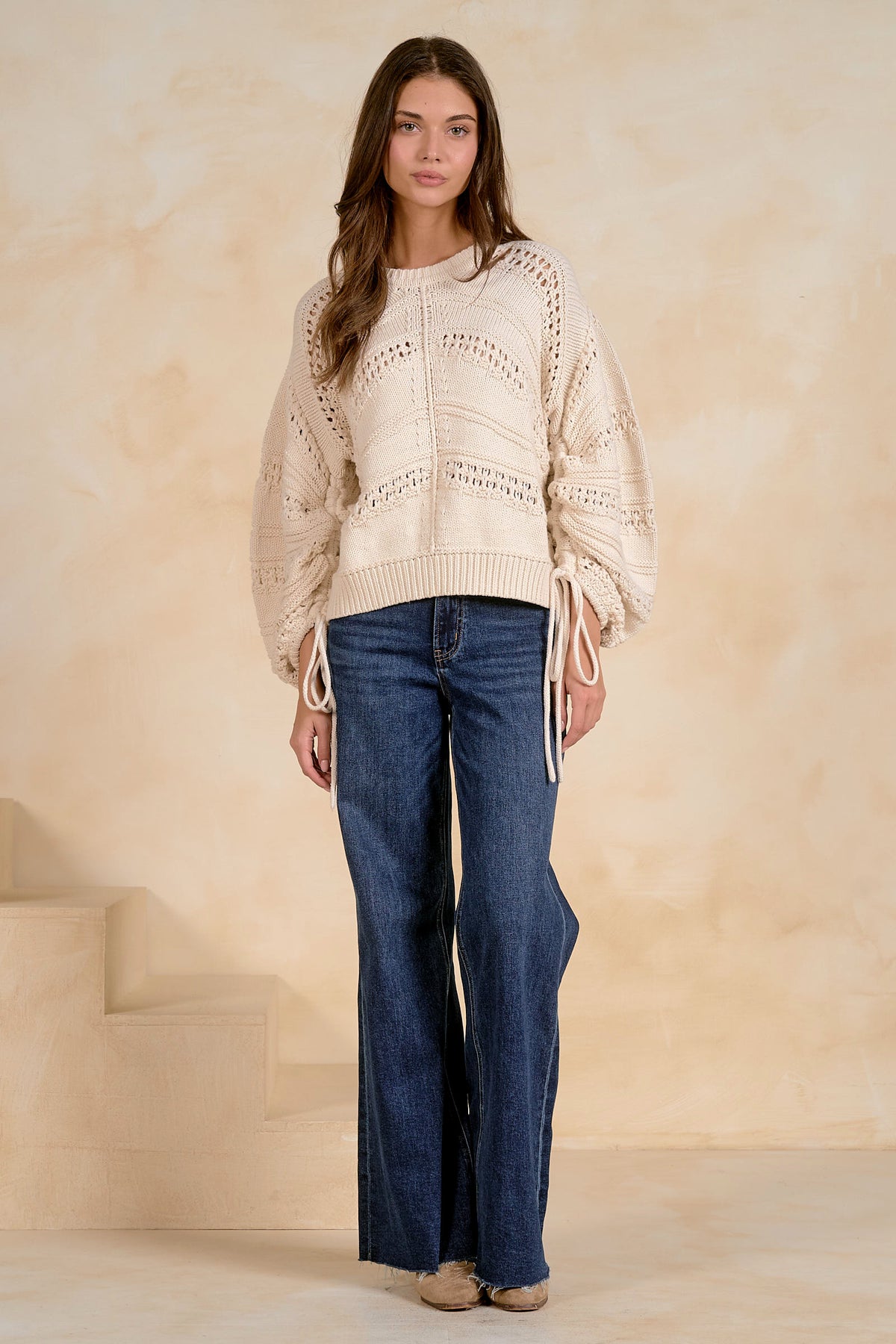 ELAN: OPEN KNIT TIE SWEATER - OFF WHITE