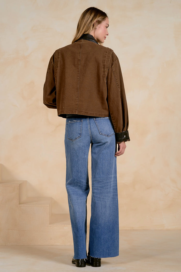 ELAN: JACKET WITH LEATHER TRIM - COCOA