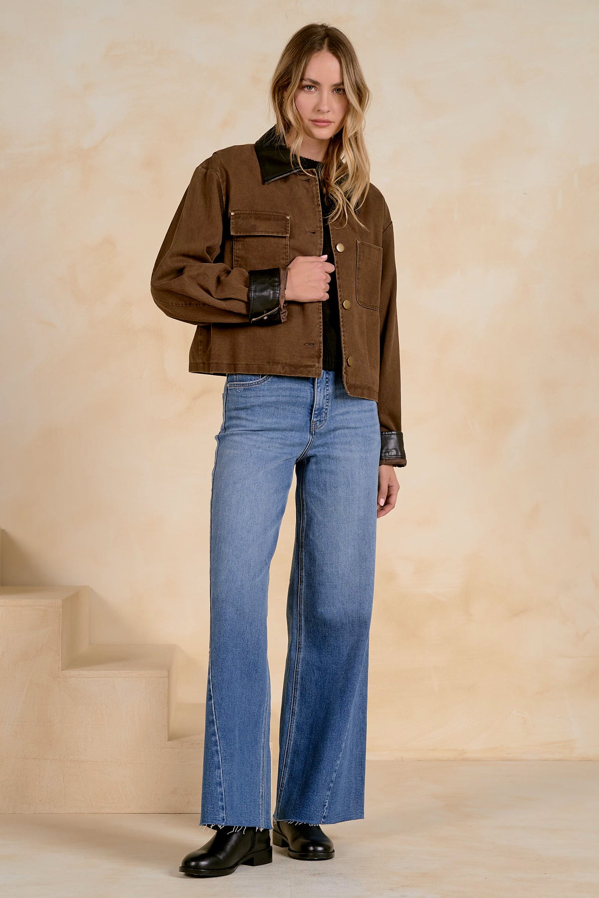 ELAN: JACKET WITH LEATHER TRIM - COCOA