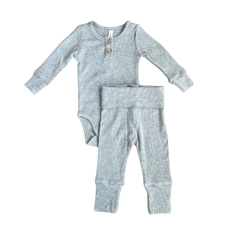 BABYSPROUTS: RIBBED HENLEY BODYSUIT SET - HEATHER GREY