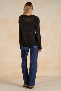 ELAN: CREWNECK OPEN KNIT SWEATER - BLACK