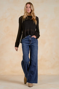 ELAN: CREWNECK OPEN KNIT SWEATER - BLACK