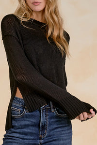 ELAN: CREWNECK OPEN KNIT SWEATER - BLACK