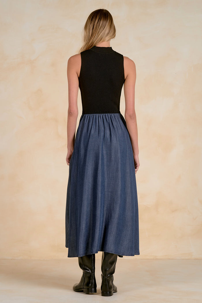 ELAN: MOCK NECK SLEEVELESS MIDI DRESS - BLACK/NAVY