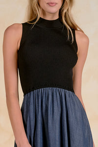 ELAN: MOCK NECK SLEEVELESS MIDI DRESS - BLACK/NAVY