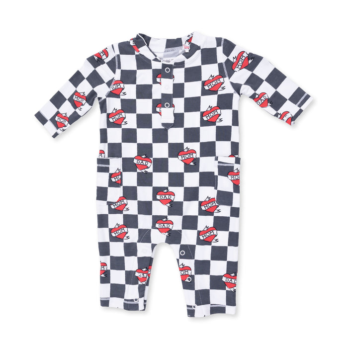 ANGEL DEAR: HEART TATTOO CHECK UNI ROMPER - IVORY/BLACK