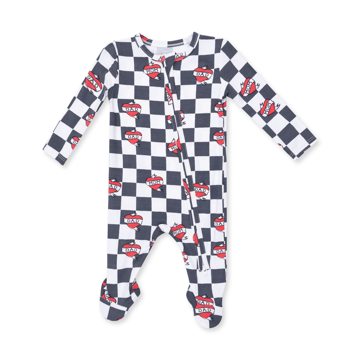 ANGEL DEAR: HEART TATTOO CHECK 2 WAY ZIPPER FOOTIE - BLACK/IVORY