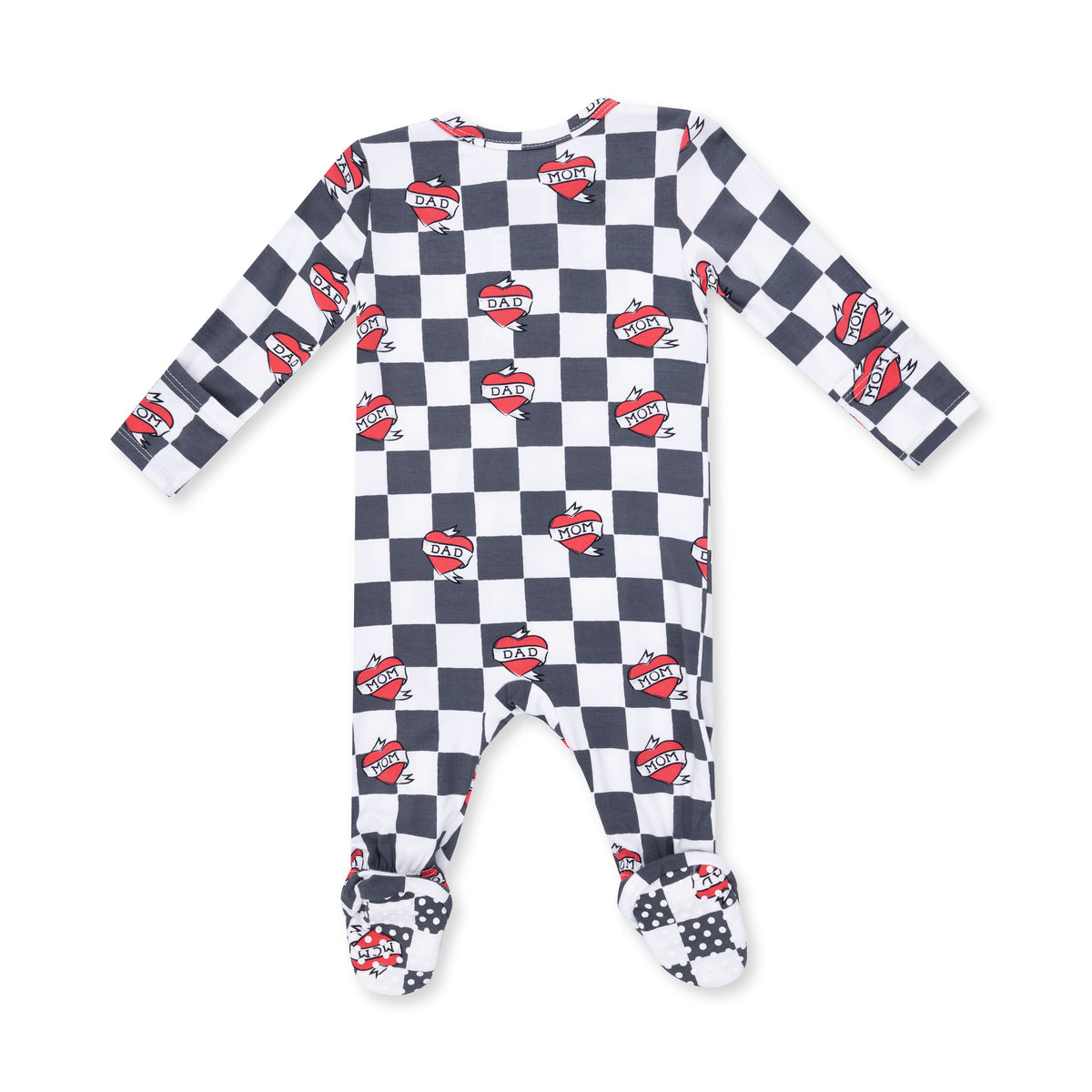 ANGEL DEAR: HEART TATTOO CHECK 2 WAY ZIPPER FOOTIE - BLACK/IVORY