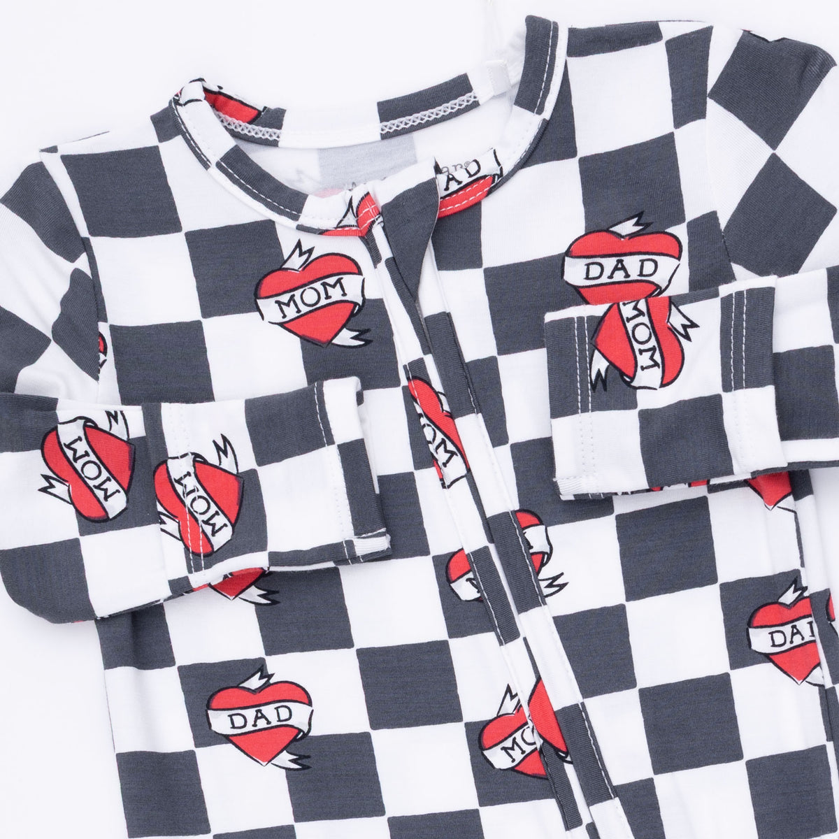 ANGEL DEAR: HEART TATTOO CHECK 2 WAY ZIPPER FOOTIE - BLACK/IVORY