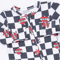 ANGEL DEAR: HEART TATTOO CHECK 2 WAY ZIPPER FOOTIE - BLACK/IVORY