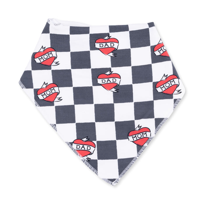 ANGEL DEAR: HEART TATTOO CHECK BLACK BANDANA BIB - BLACK/IVORY