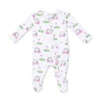 ANGEL DEAR: GOLF CARTS PINK 2 WAY RUFFLE BACK ZIPPER FOOTIE - IVORY