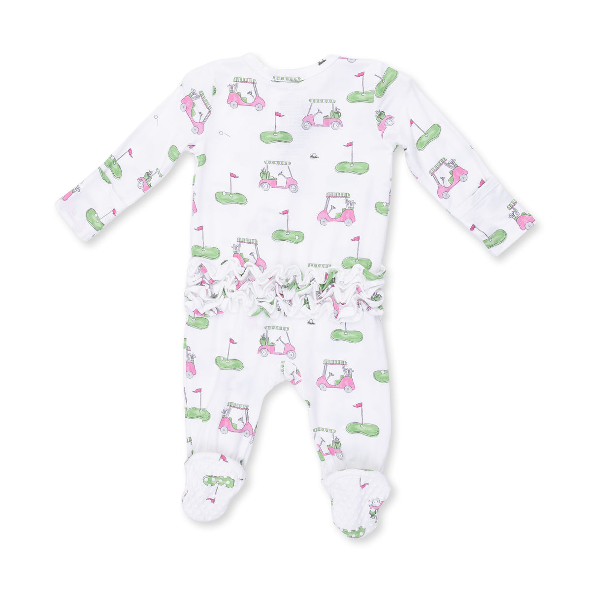 ANGEL DEAR: GOLF CARTS PINK 2 WAY RUFFLE BACK ZIPPER FOOTIE - IVORY