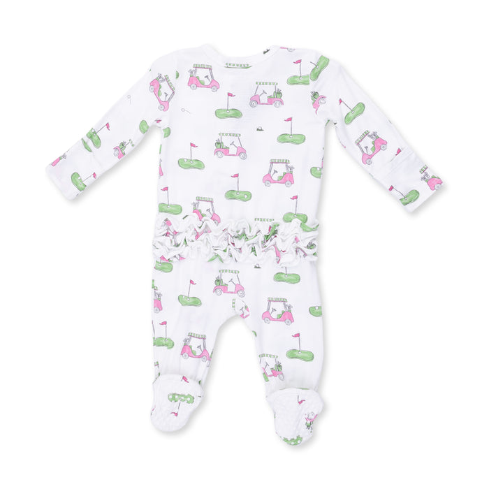ANGEL DEAR: GOLF CARTS PINK 2 WAY RUFFLE BACK ZIPPER FOOTIE - IVORY
