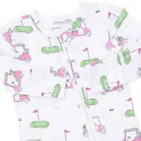 ANGEL DEAR: GOLF CARTS PINK 2 WAY RUFFLE BACK ZIPPER FOOTIE - IVORY