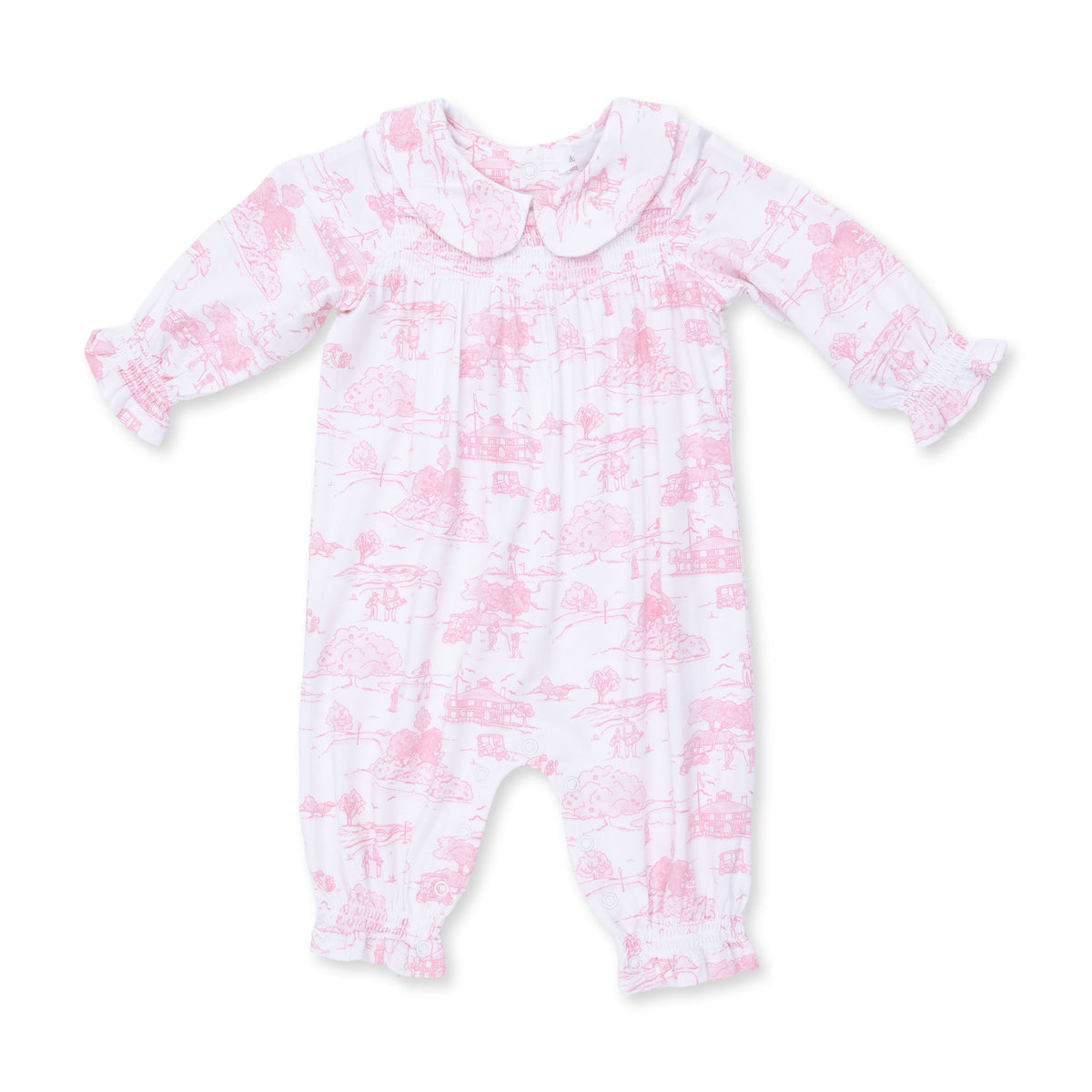 ANGEL DEAR: GOLF TOILE SMOCKED LONG SLEEVE ROMPER - PINK/WHITE