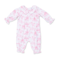 ANGEL DEAR: GOLF TOILE SMOCKED LONG SLEEVE ROMPER - PINK/WHITE