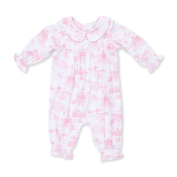 ANGEL DEAR: GOLF TOILE SMOCKED LONG SLEEVE ROMPER - PINK/WHITE