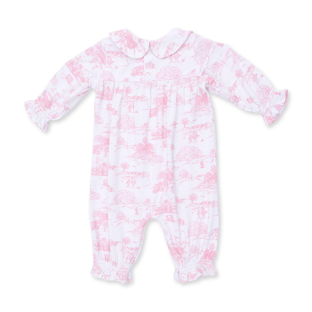 ANGEL DEAR: GOLF TOILE SMOCKED LONG SLEEVE ROMPER - PINK/WHITE