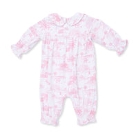ANGEL DEAR: GOLF TOILE SMOCKED LONG SLEEVE ROMPER - PINK/WHITE