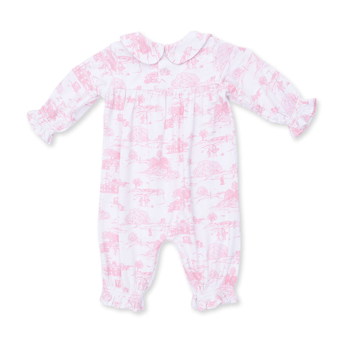 ANGEL DEAR: GOLF TOILE SMOCKED LONG SLEEVE ROMPER - PINK/WHITE