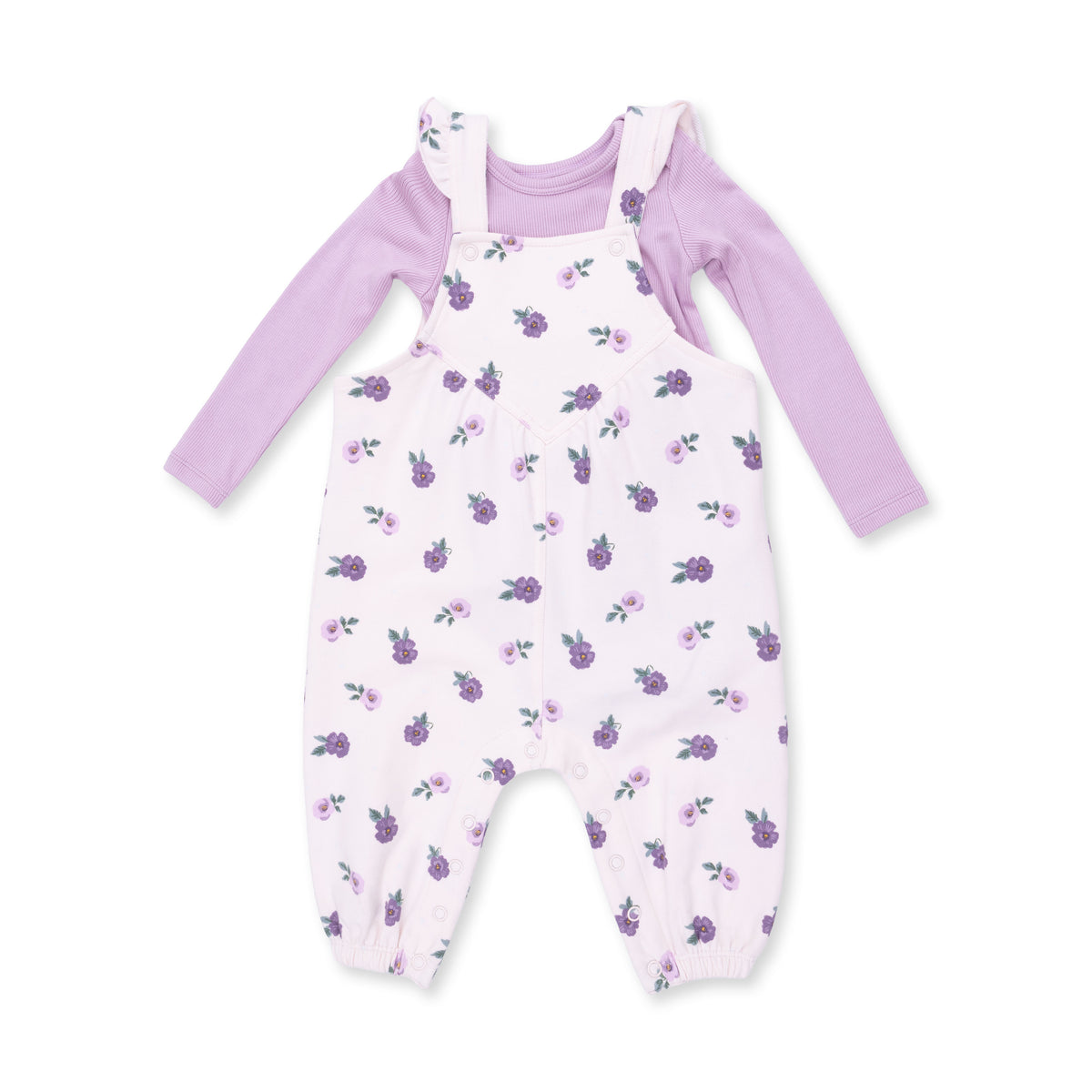 ANGEL DEAR: VIOLETTA FLORAL RUFFLE V-OVERALLS AND LONG SLEEVE BODYSUIT
