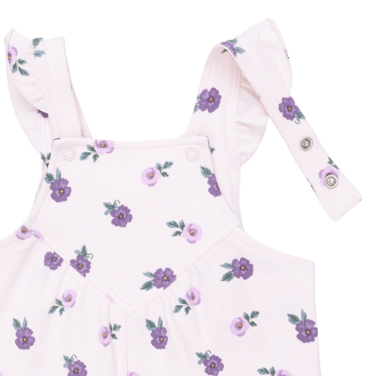 ANGEL DEAR: VIOLETTA FLORAL RUFFLE V-OVERALLS AND LONG SLEEVE BODYSUIT