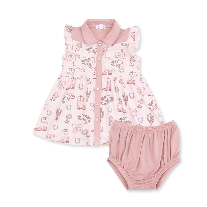 ANGEL DEAR: COWGIRL BOOTS AND BOWS WESTERN PEARL SNAP DRESS & BLOOMER SET