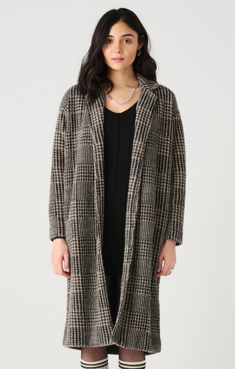 DEX CLOTHING: LONG SLEEVE SOFT KNIT COAT - HOUNDSTOOTH PLAID